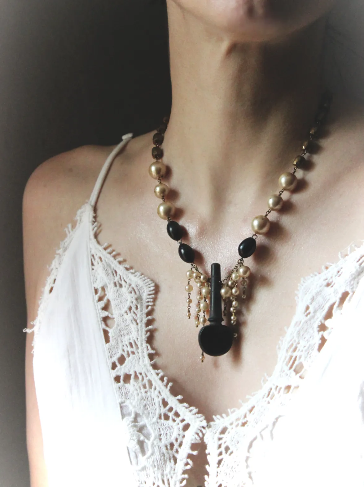 13 House Theater | Violin Concerto. Storyteller Series. Vintage Violin Peg & Faux Pearl Statement Necklace.