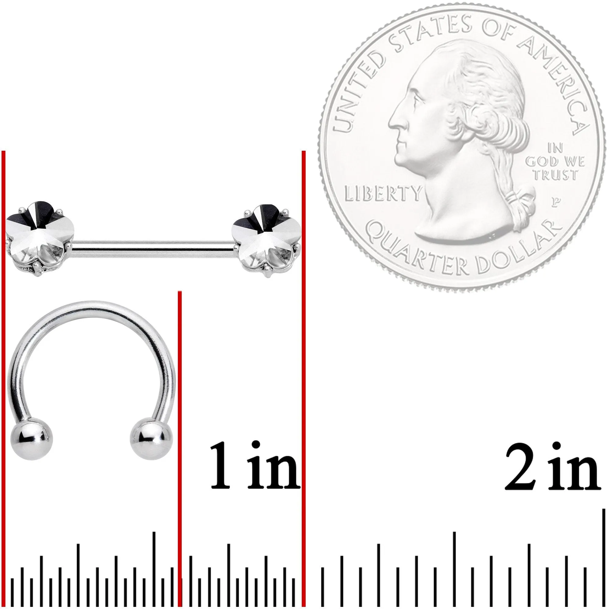 14 Gauge 9/16 1/2 Clear Gem Flower Horseshoe Barbell Nipple Ring Set