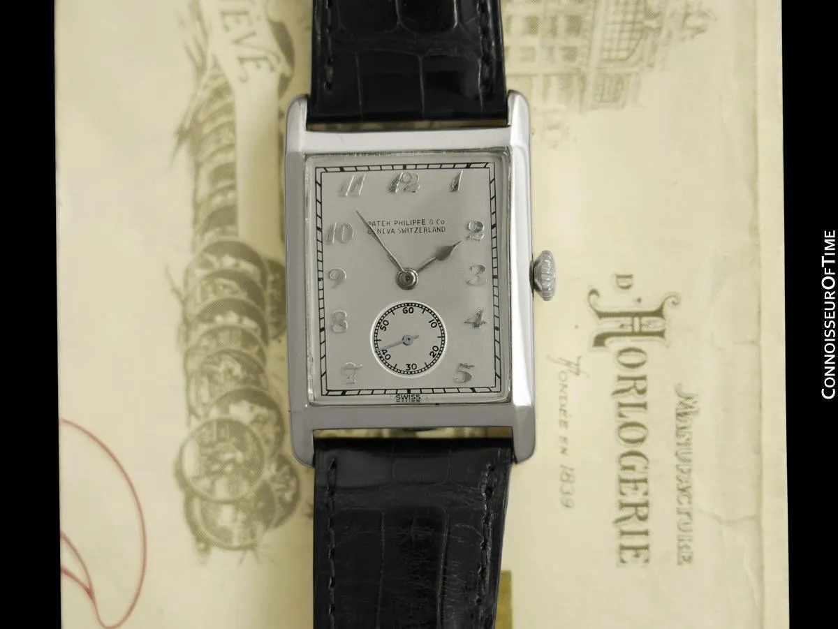 1927 Patek Philippe "Tortoise" Vintage Mens Art Deco Rectangular 18K White Gold Watch - Breguet Numerals