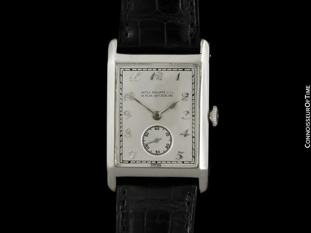 1927 Patek Philippe "Tortoise" Vintage Mens Art Deco Rectangular 18K White Gold Watch - Breguet Numerals
