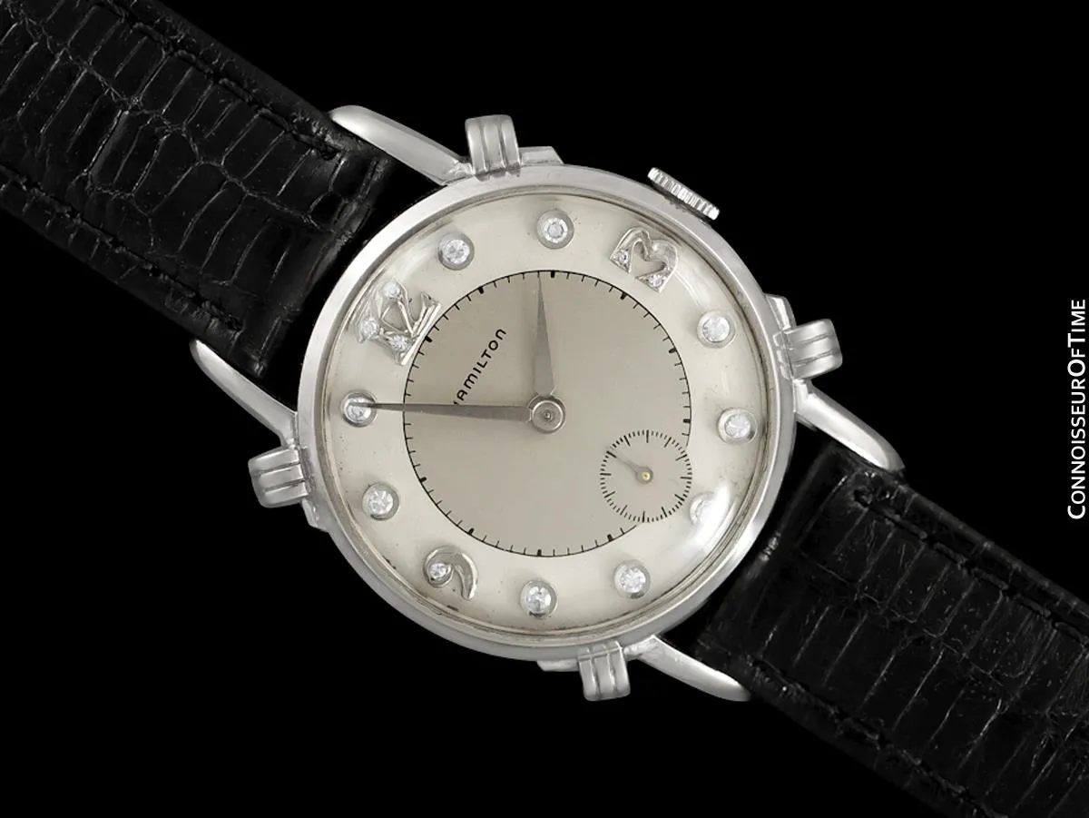 1940's Hamilton Vintage Mens Midsize Watch, Beautiful Case - 14K White Gold & Diamonds