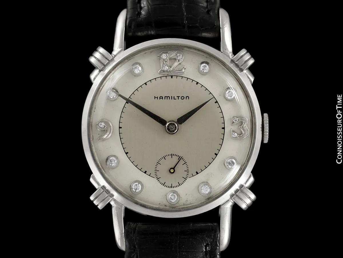 1940's Hamilton Vintage Mens Midsize Watch, Beautiful Case - 14K White Gold & Diamonds