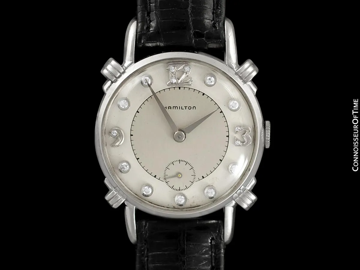 1940's Hamilton Vintage Mens Midsize Watch, Beautiful Case - 14K White Gold & Diamonds