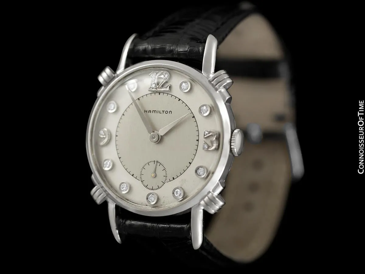 1940's Hamilton Vintage Mens Midsize Watch, Beautiful Case - 14K White Gold & Diamonds