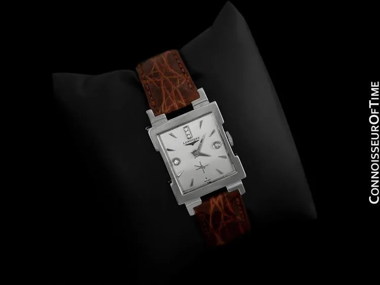 1955 Longines Vintage Mens Dress Watch - 14K White Gold & Diamonds