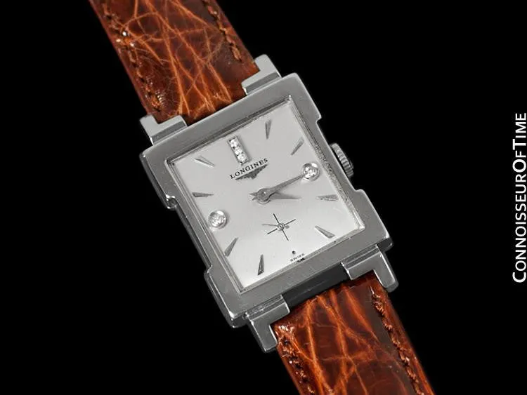 1955 Longines Vintage Mens Dress Watch - 14K White Gold & Diamonds