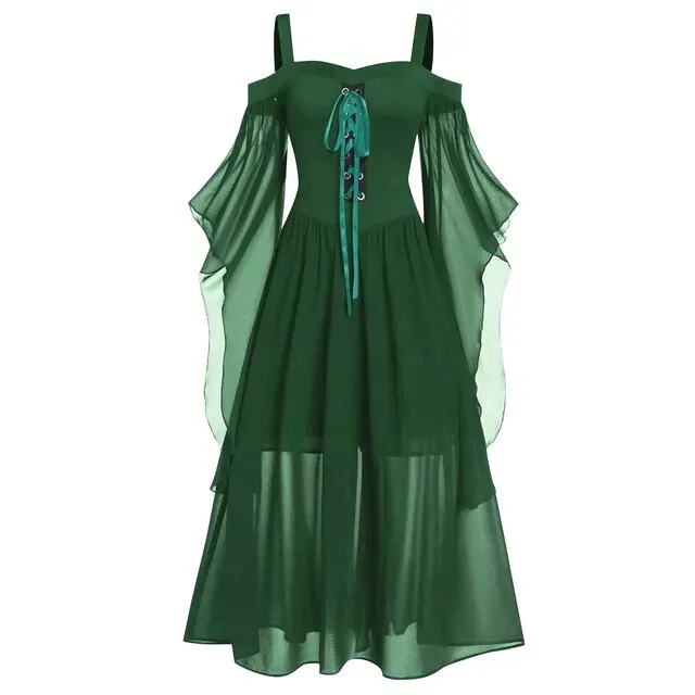 2023 New Medieval Witch Dress For Women Halloween Carnival Women Plus Size Cold Shoulder Butterfly Sleeve Halloween Gothic Dress