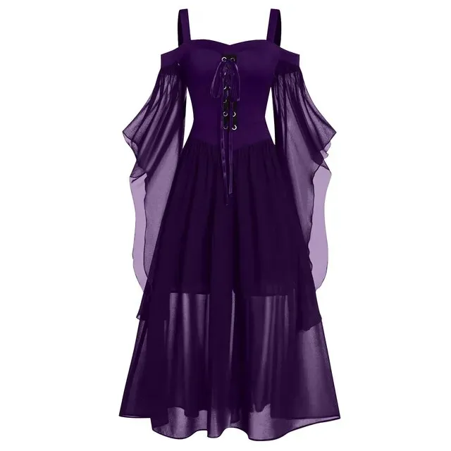 2023 New Medieval Witch Dress For Women Halloween Carnival Women Plus Size Cold Shoulder Butterfly Sleeve Halloween Gothic Dress