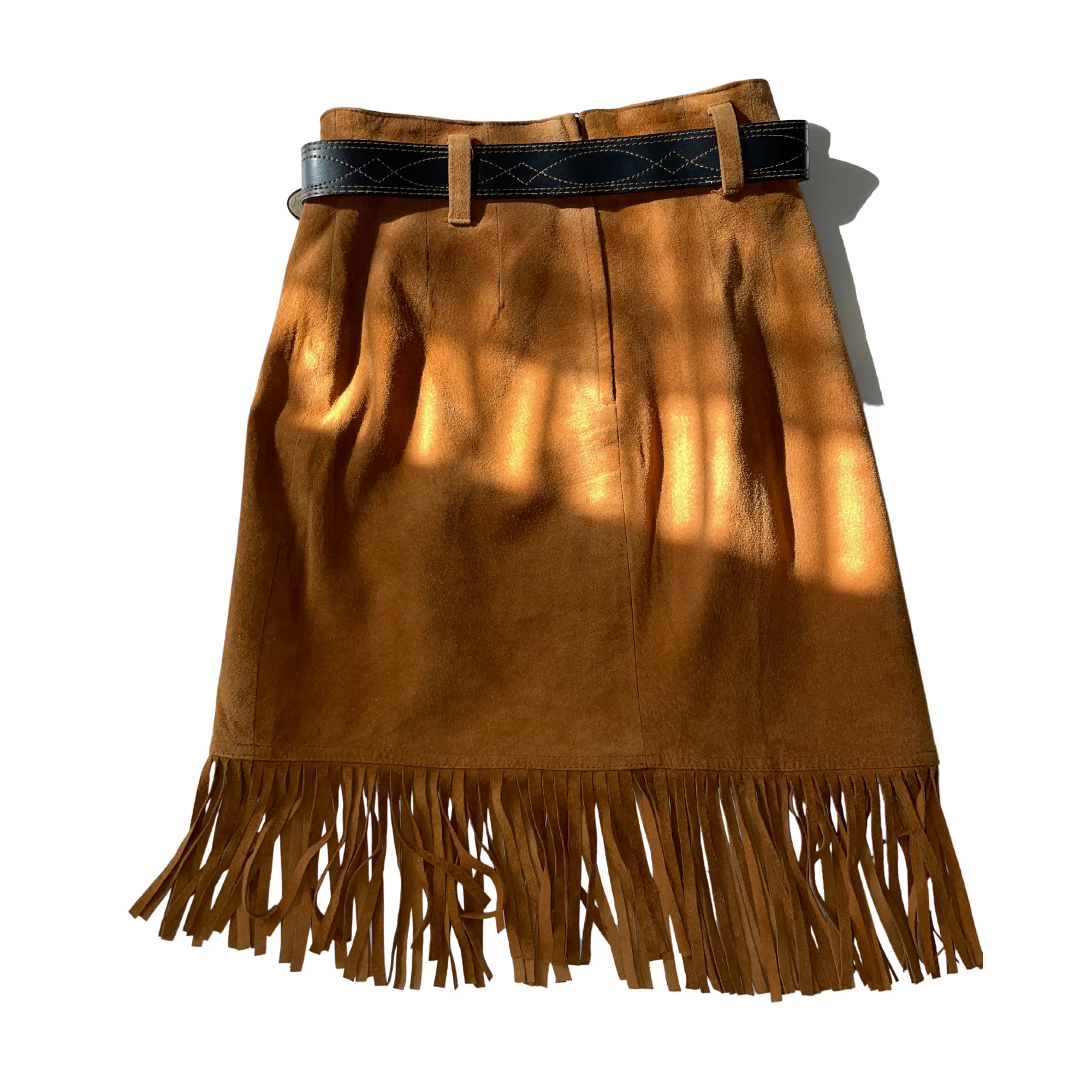 80s Cedars Leather Skirt Western with Fringes and Belt