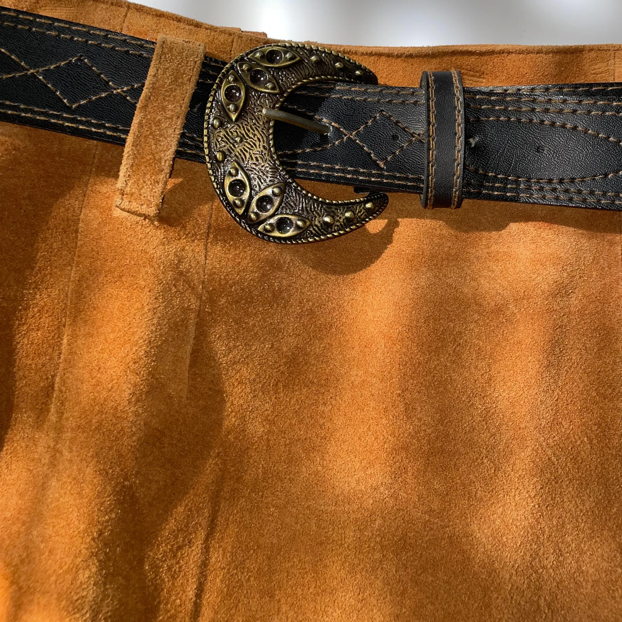 80s Cedars Leather Skirt Western with Fringes and Belt