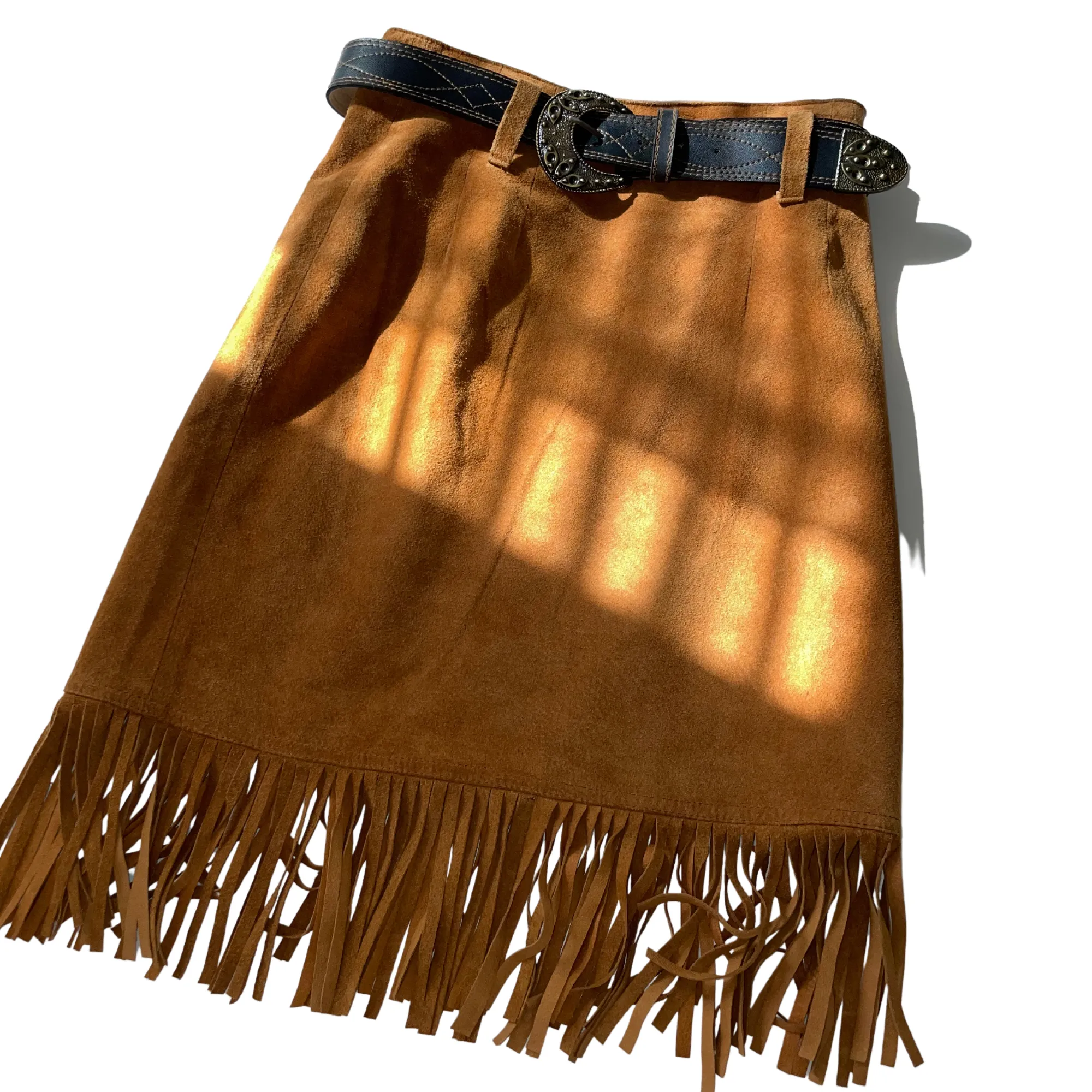 80s Cedars Leather Skirt Western with Fringes and Belt