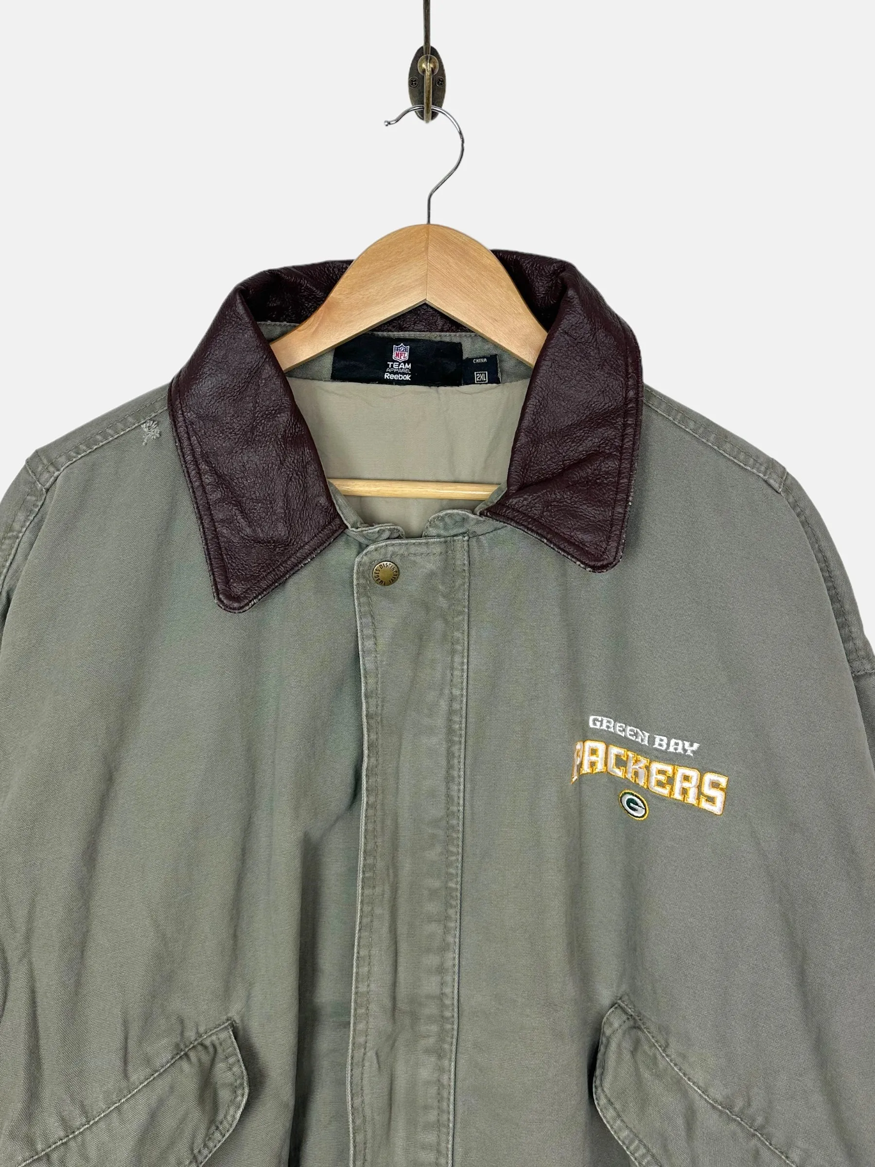 90's Green Bay Packers NFL Embroidered Vintage Leather Collar Jacket Size XL-2XL