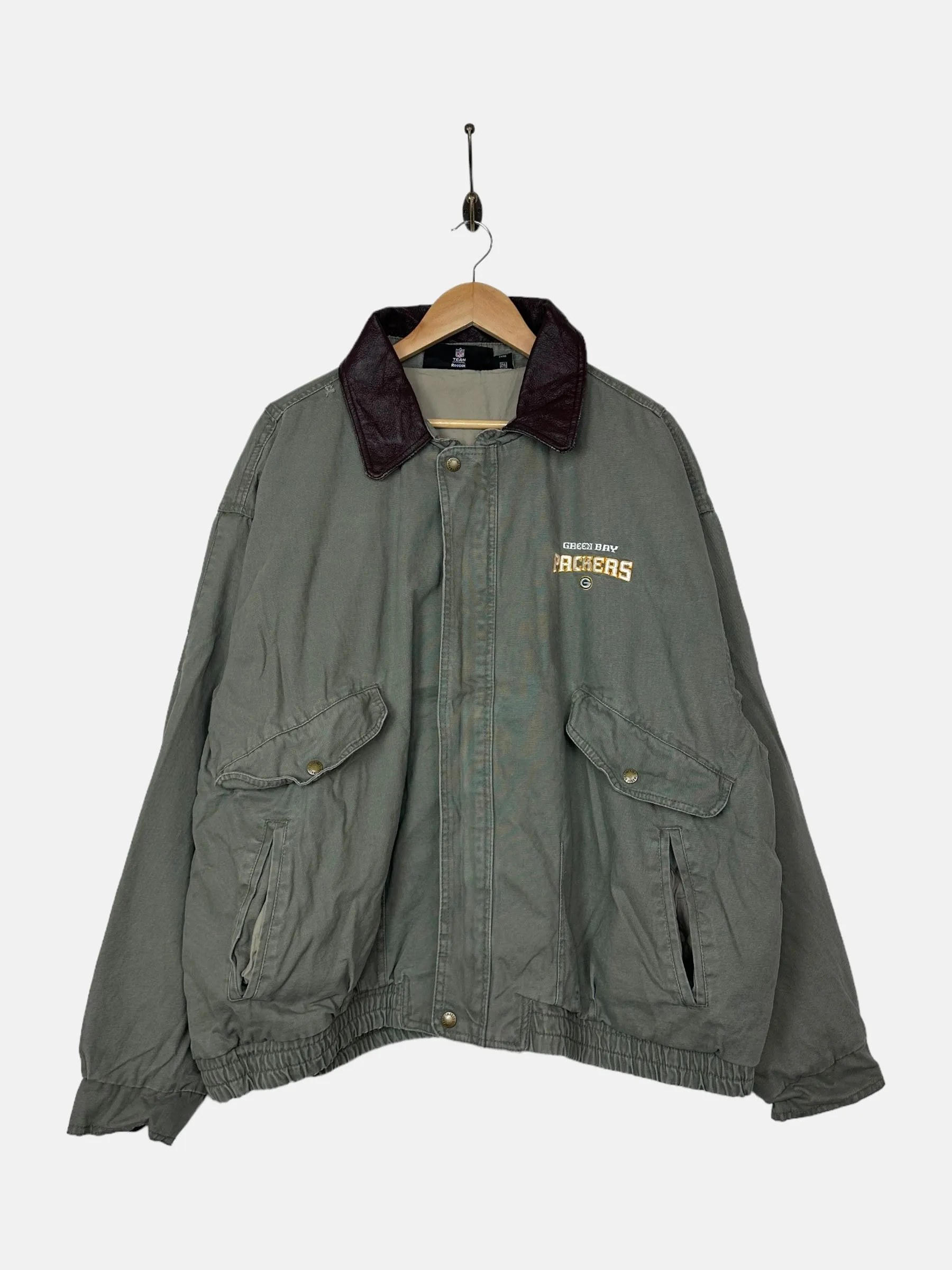 90's Green Bay Packers NFL Embroidered Vintage Leather Collar Jacket Size XL-2XL