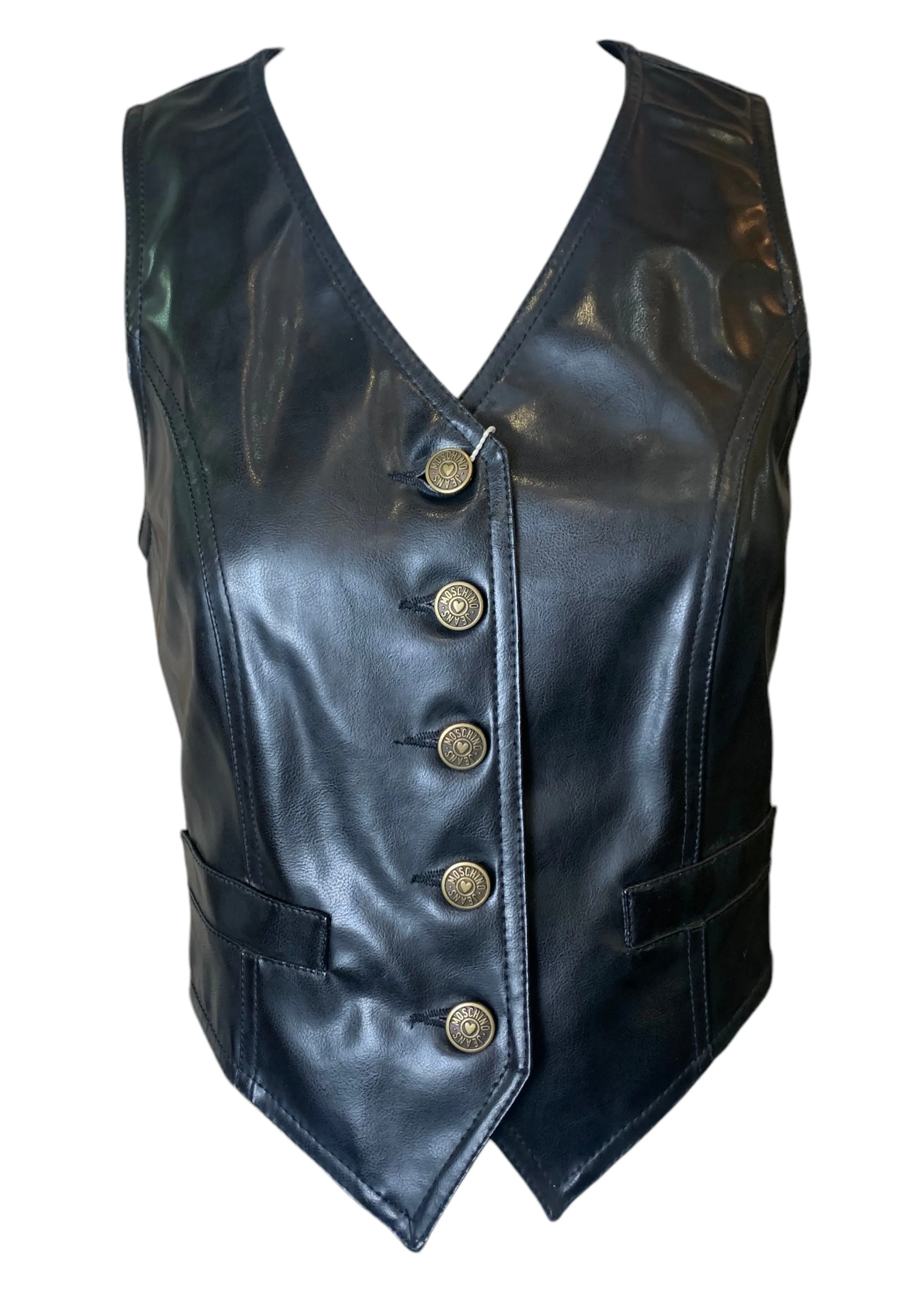 90s Moschino Jeans Faux Leather Brass Hand-Studded Heart Vest