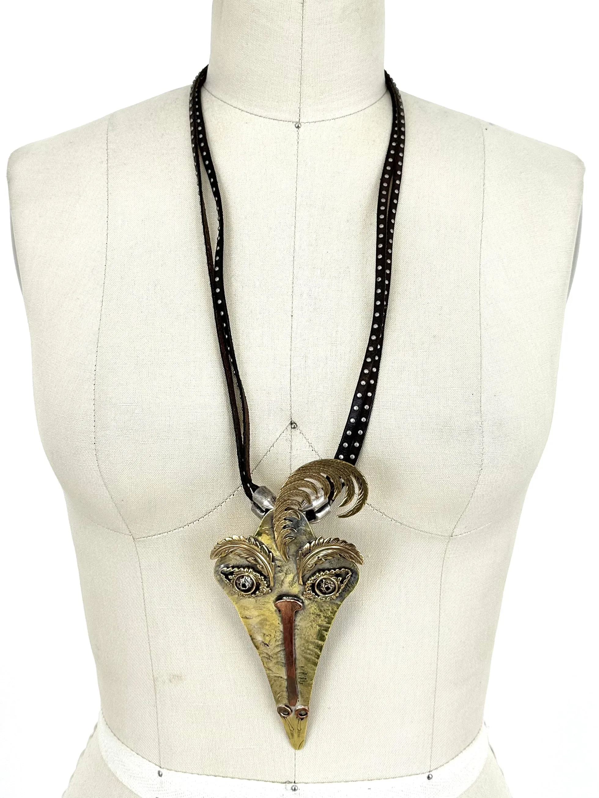 Art-To-Wear Leather & Brass Face Necklace