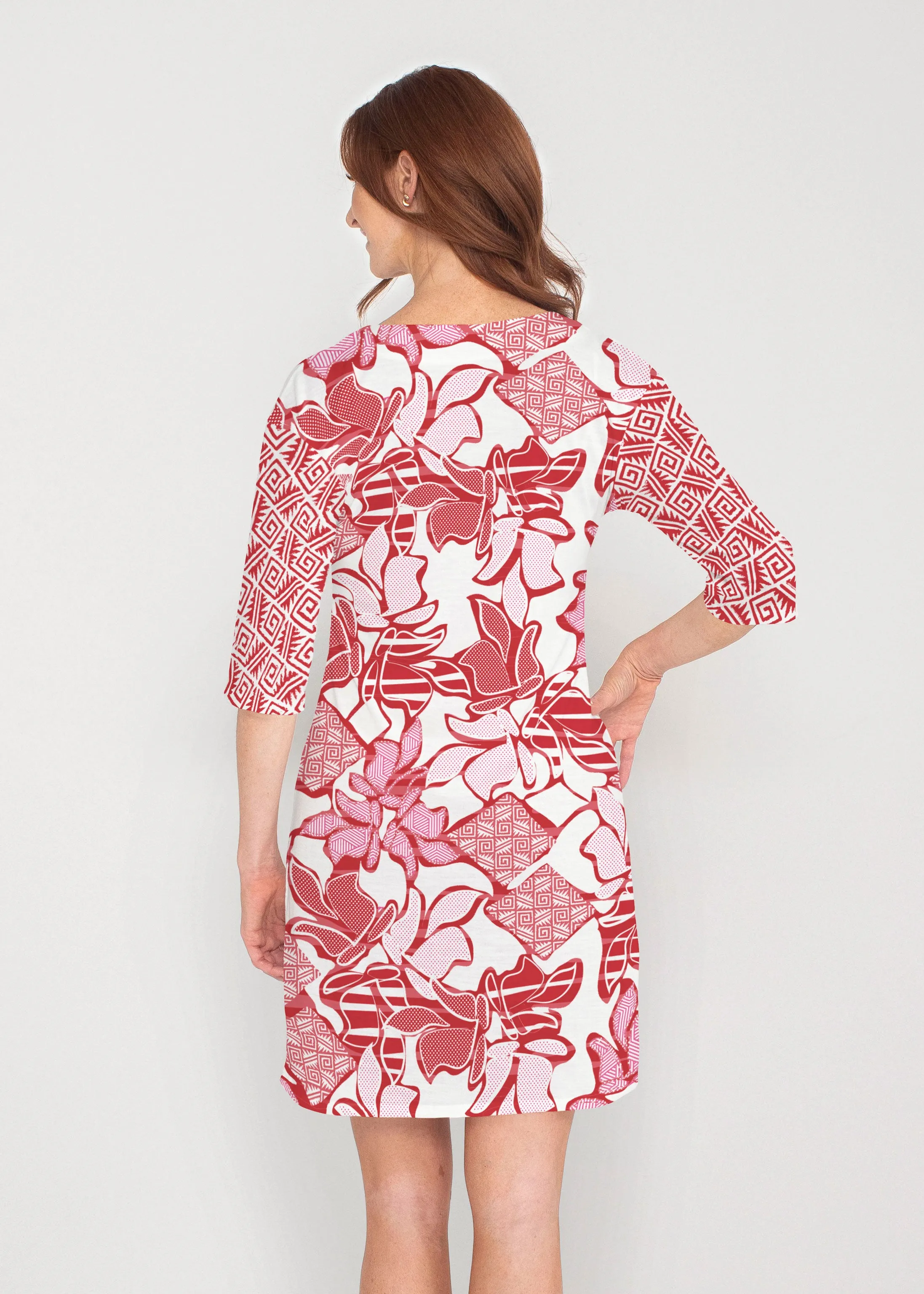 Aztek Sail Red (8117) ~ Lucy 3/4 Sleeve V-Neck Dress