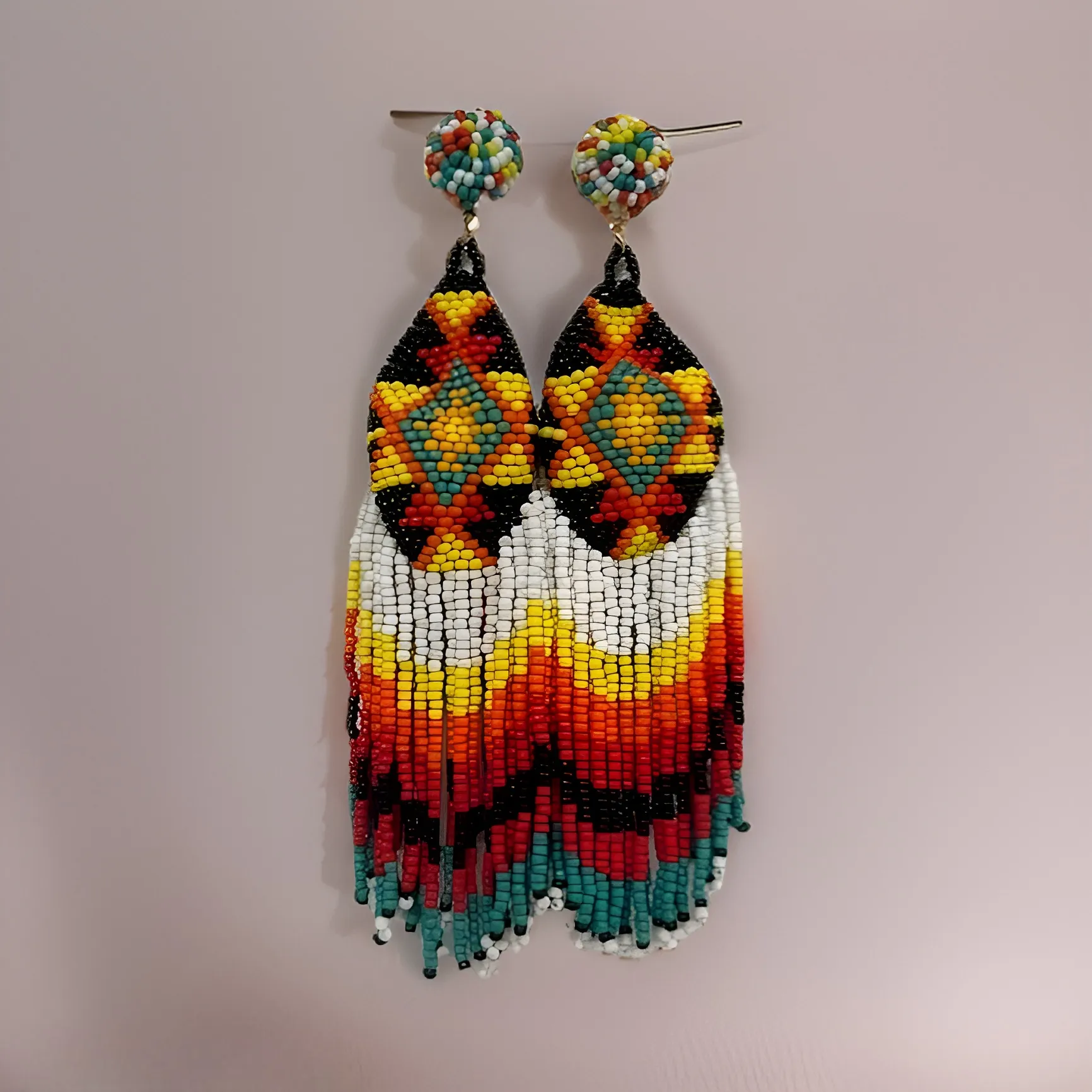 Beaded 2-tier Tapered Triangular Tassel Long Drop Earrings