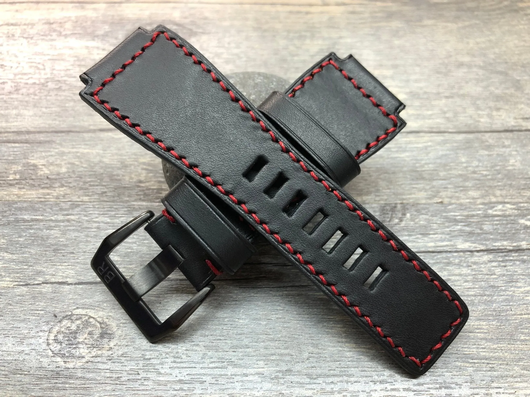 Bell & Ross Watch Straps, Black Leather Watch Bands and Leather Watch Straps - Red Stitching