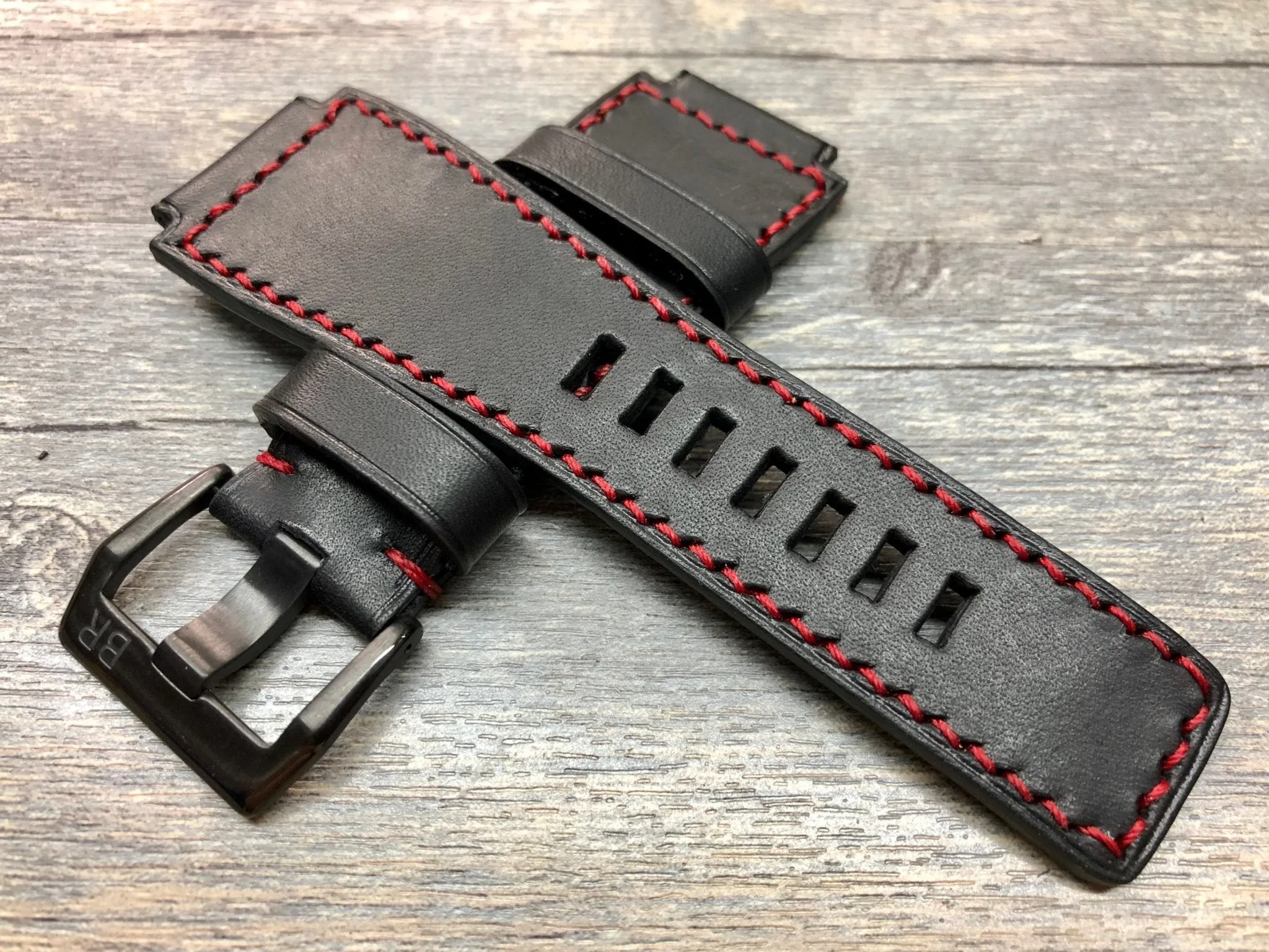 Bell & Ross Watch Straps, Black Leather Watch Bands and Leather Watch Straps - Red Stitching