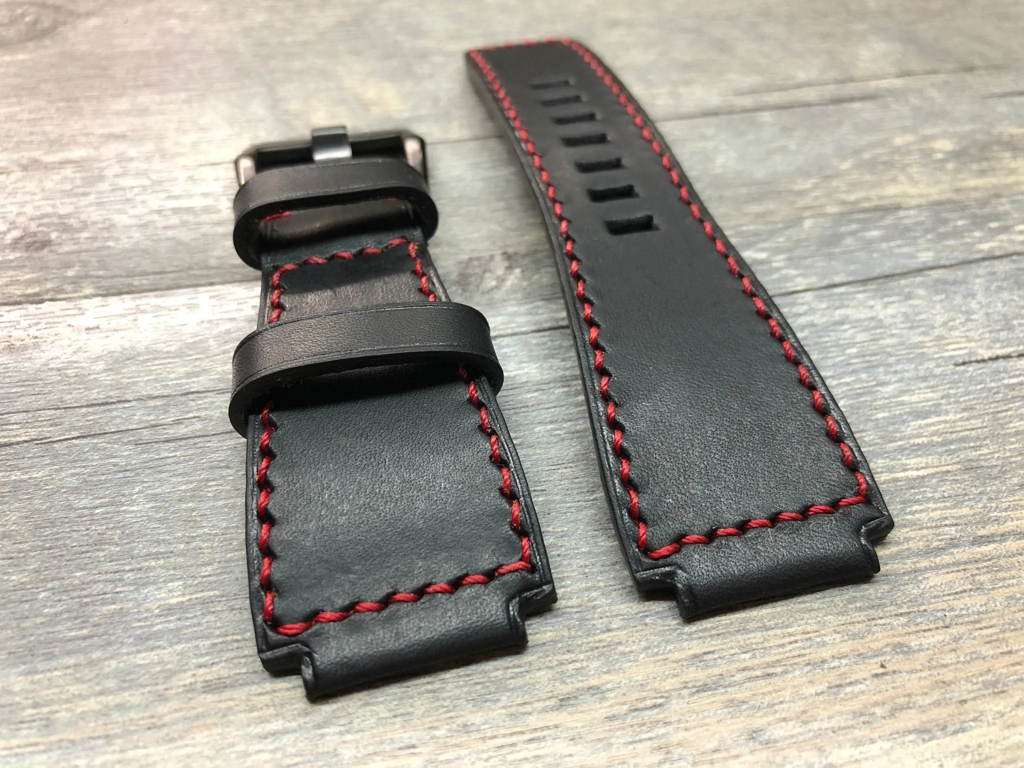 Bell & Ross Watch Straps, Black Leather Watch Bands and Leather Watch Straps - Red Stitching