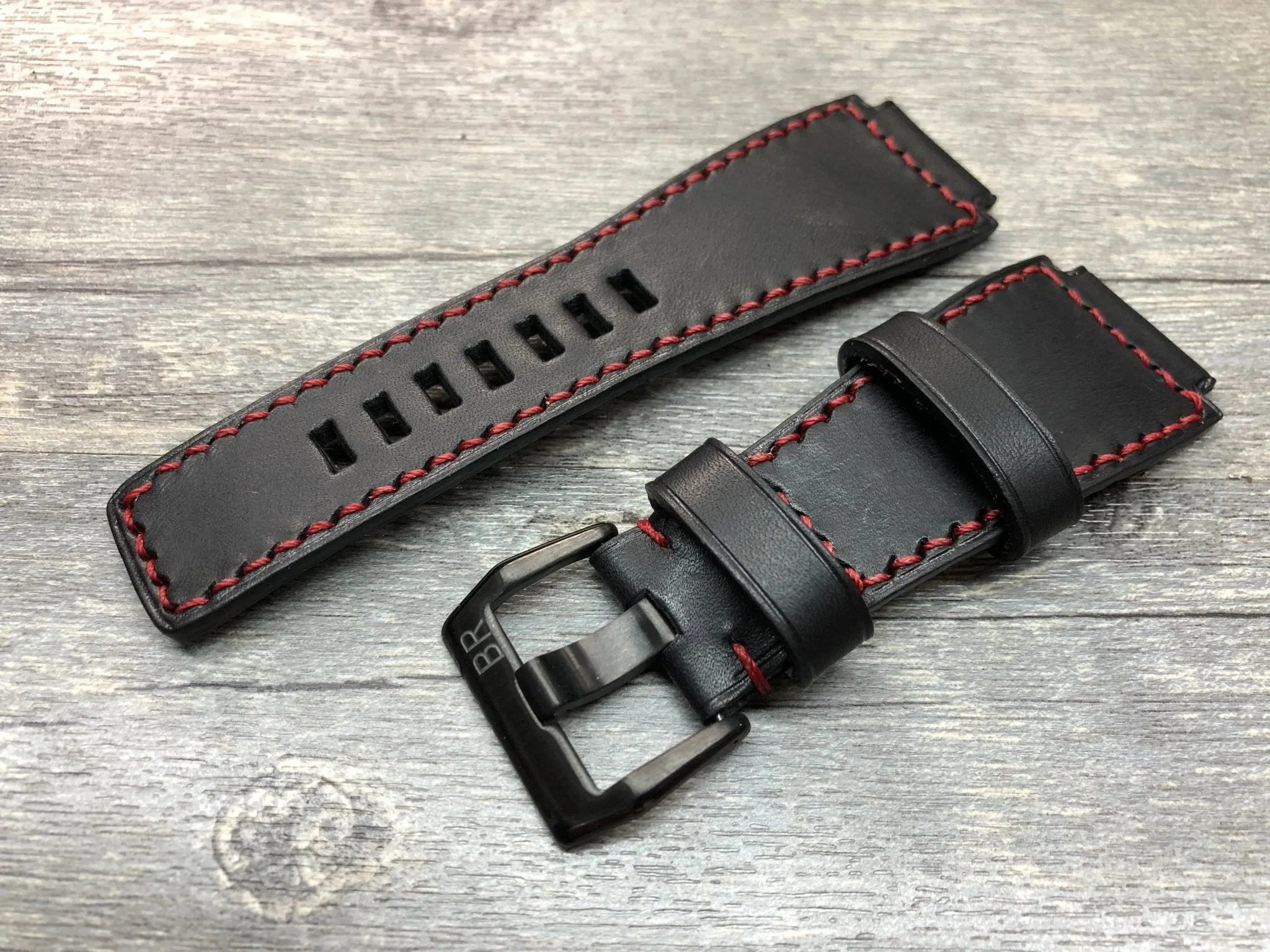 Bell & Ross Watch Straps, Black Leather Watch Bands and Leather Watch Straps - Red Stitching