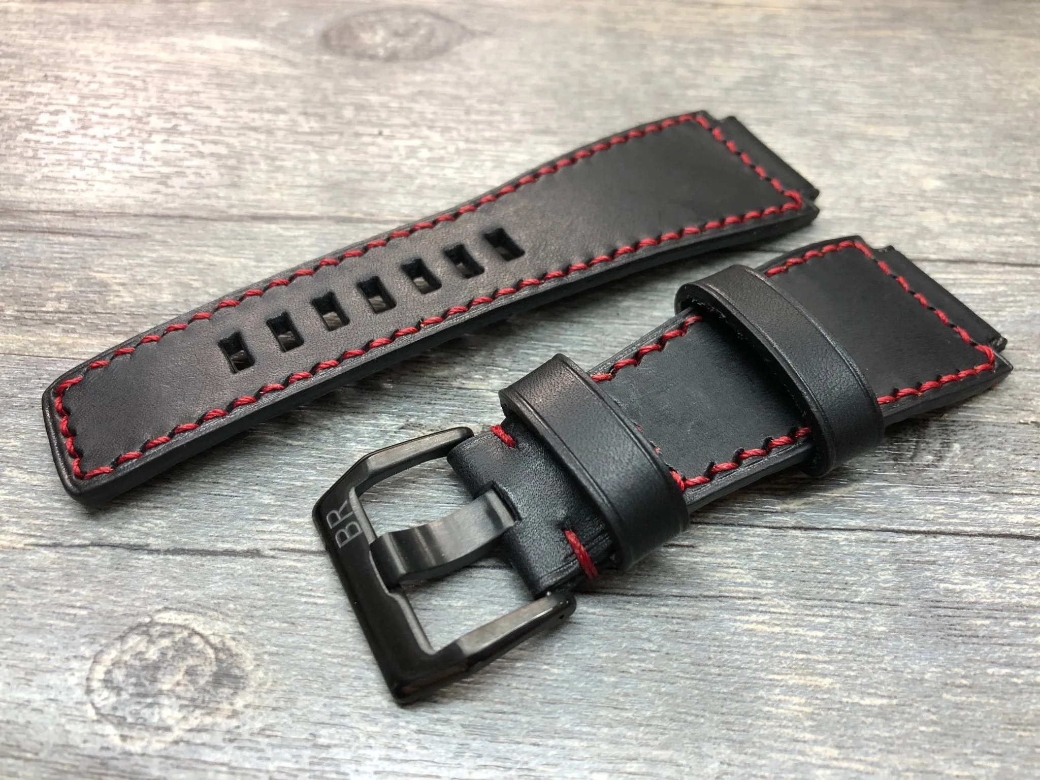 Bell & Ross Watch Straps, Black Leather Watch Bands and Leather Watch Straps - Red Stitching