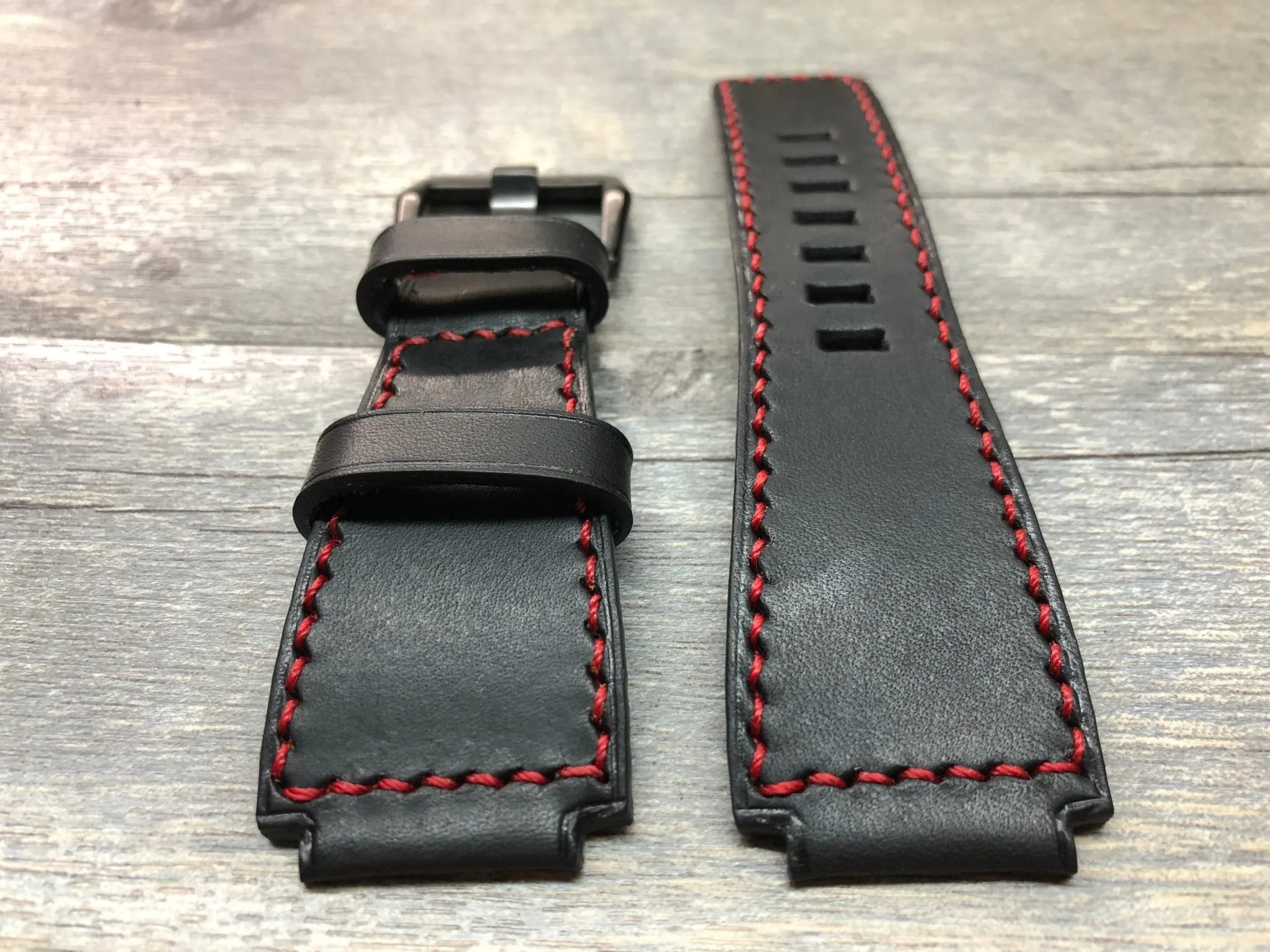 Bell & Ross Watch Straps, Black Leather Watch Bands and Leather Watch Straps - Red Stitching