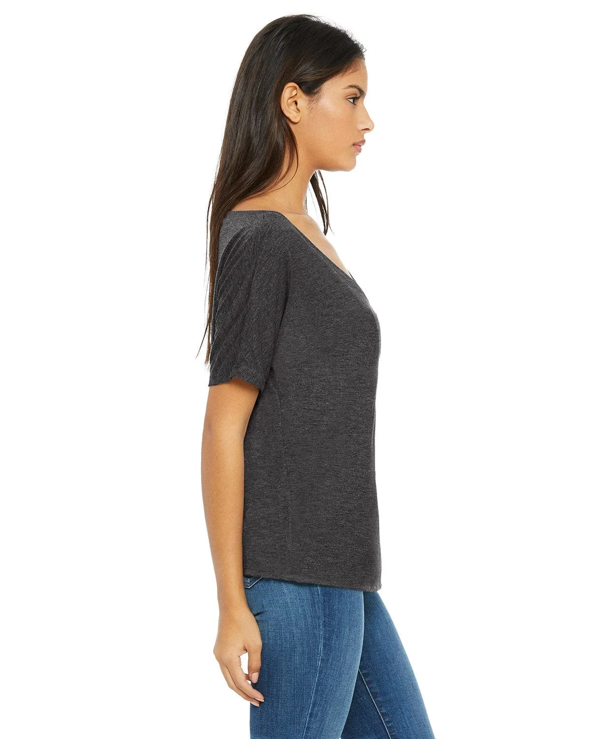 Bella Canvas Ladies Flowy Simple V-Neck T-Shirt | Dark Gry Heather