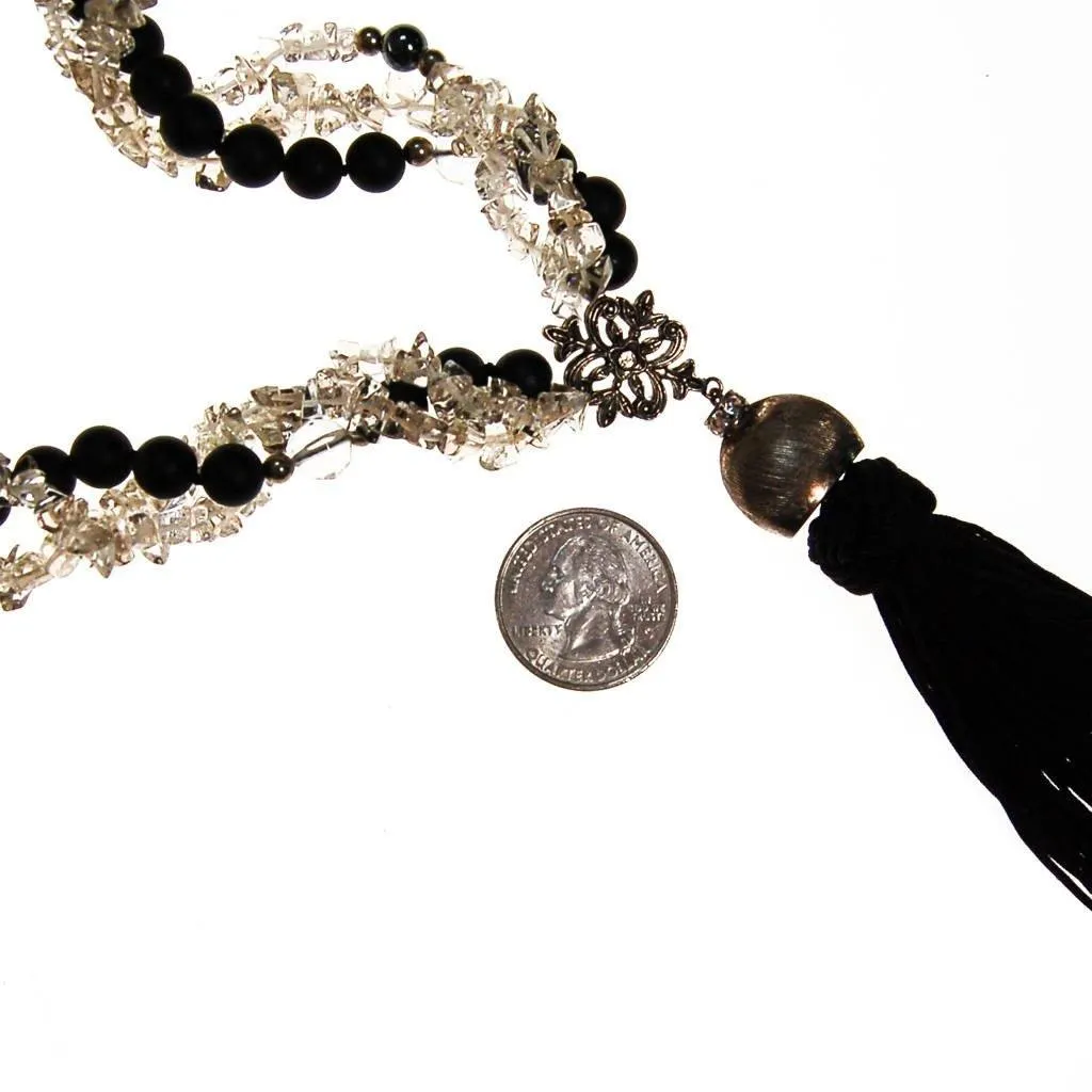 Black Bead and Quartz Crystal and  Long Tassel necklace