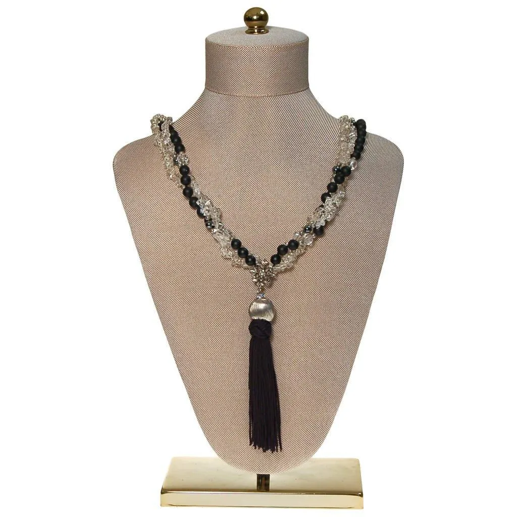 Black Bead and Quartz Crystal and  Long Tassel necklace