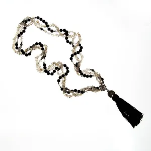 Black Bead and Quartz Crystal and  Long Tassel necklace