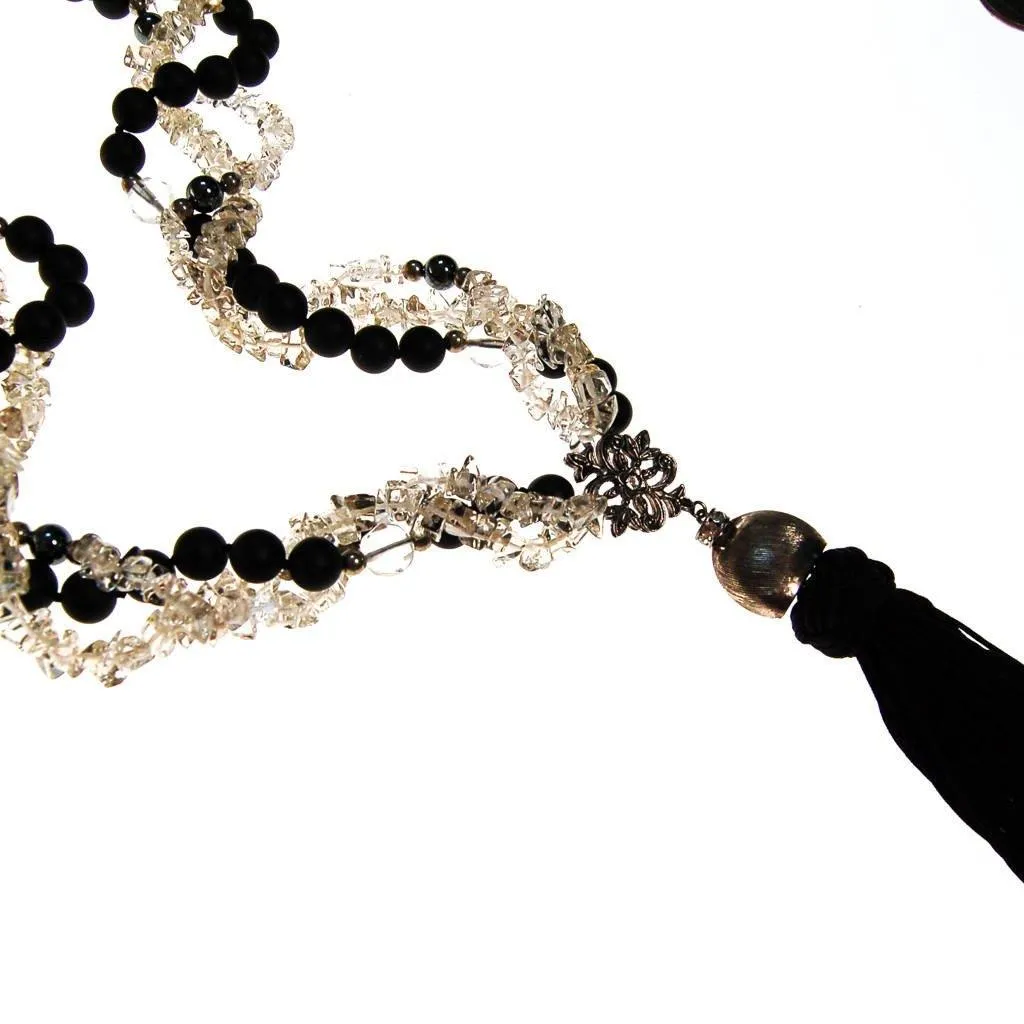 Black Bead and Quartz Crystal and  Long Tassel necklace