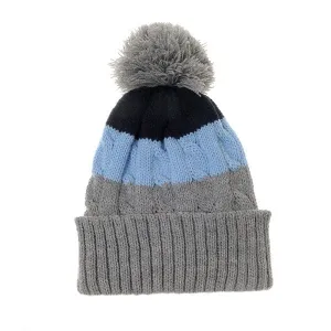 Blue AND Grey Cable Knit Bobble Hat