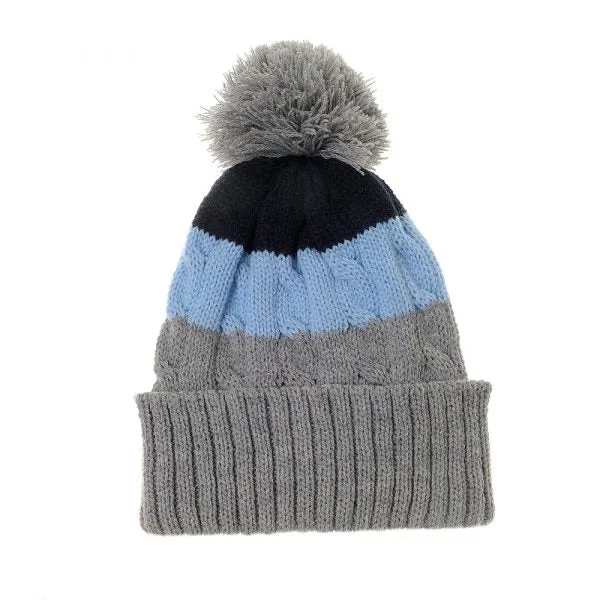 Blue AND Grey Cable Knit Bobble Hat