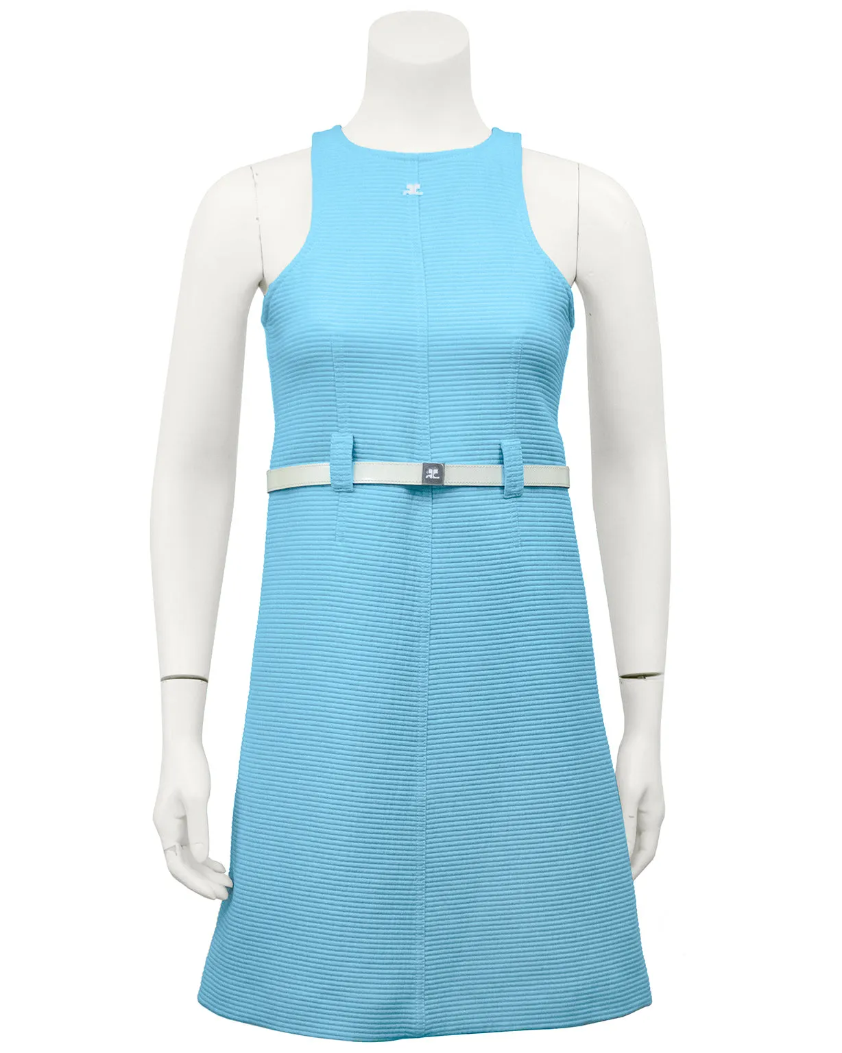 Blue Cotton Ribbed Day Dress with White Belt