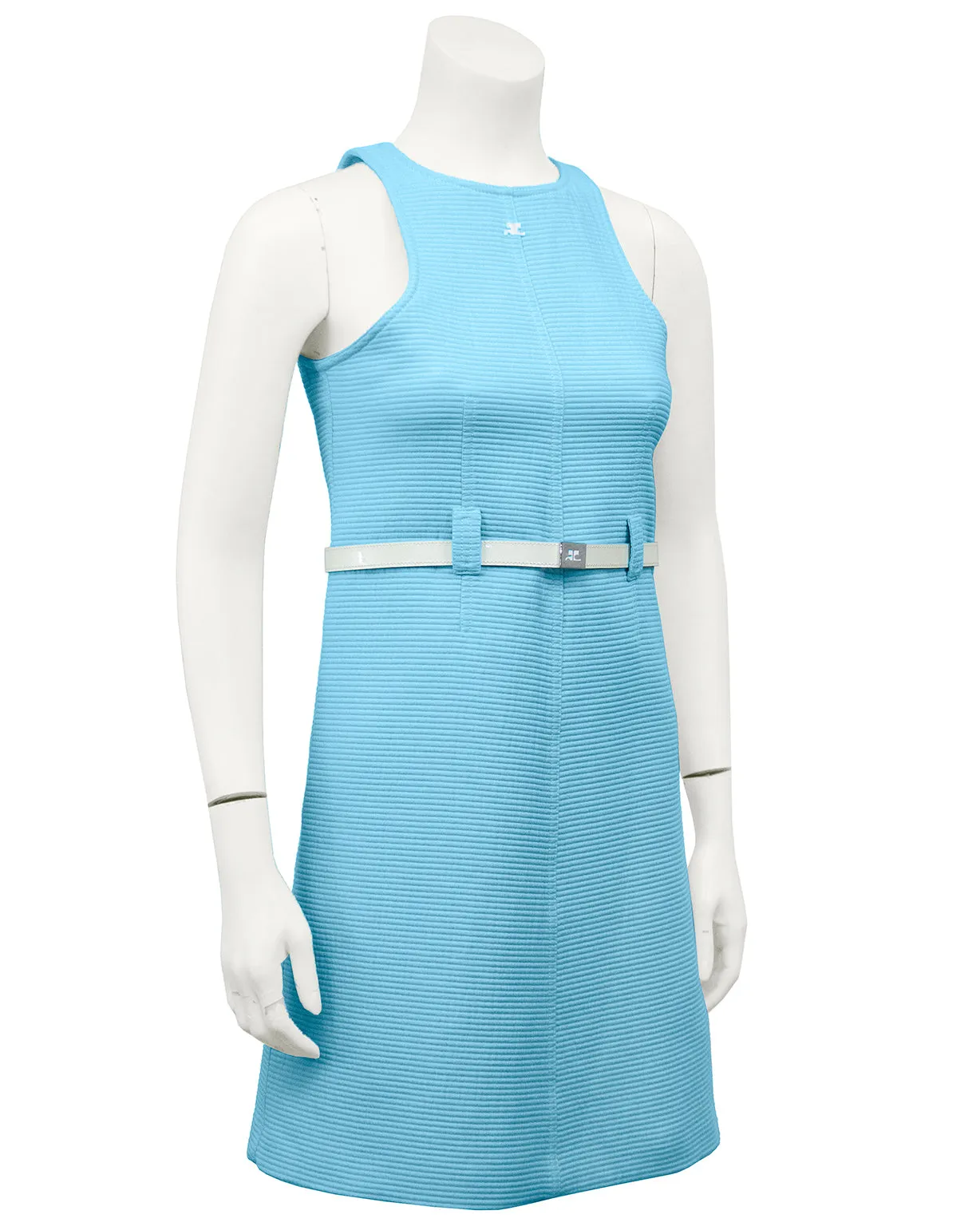 Blue Cotton Ribbed Day Dress with White Belt