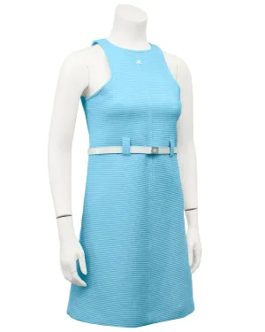 Blue Cotton Ribbed Day Dress with White Belt