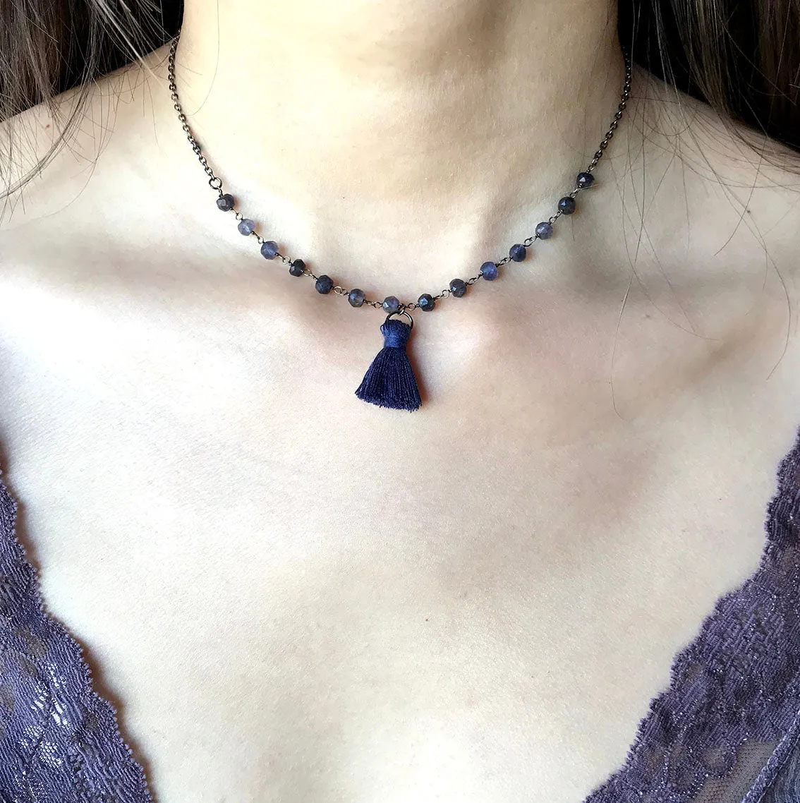 Blue Iolite Choker Necklace with Mini Tassel