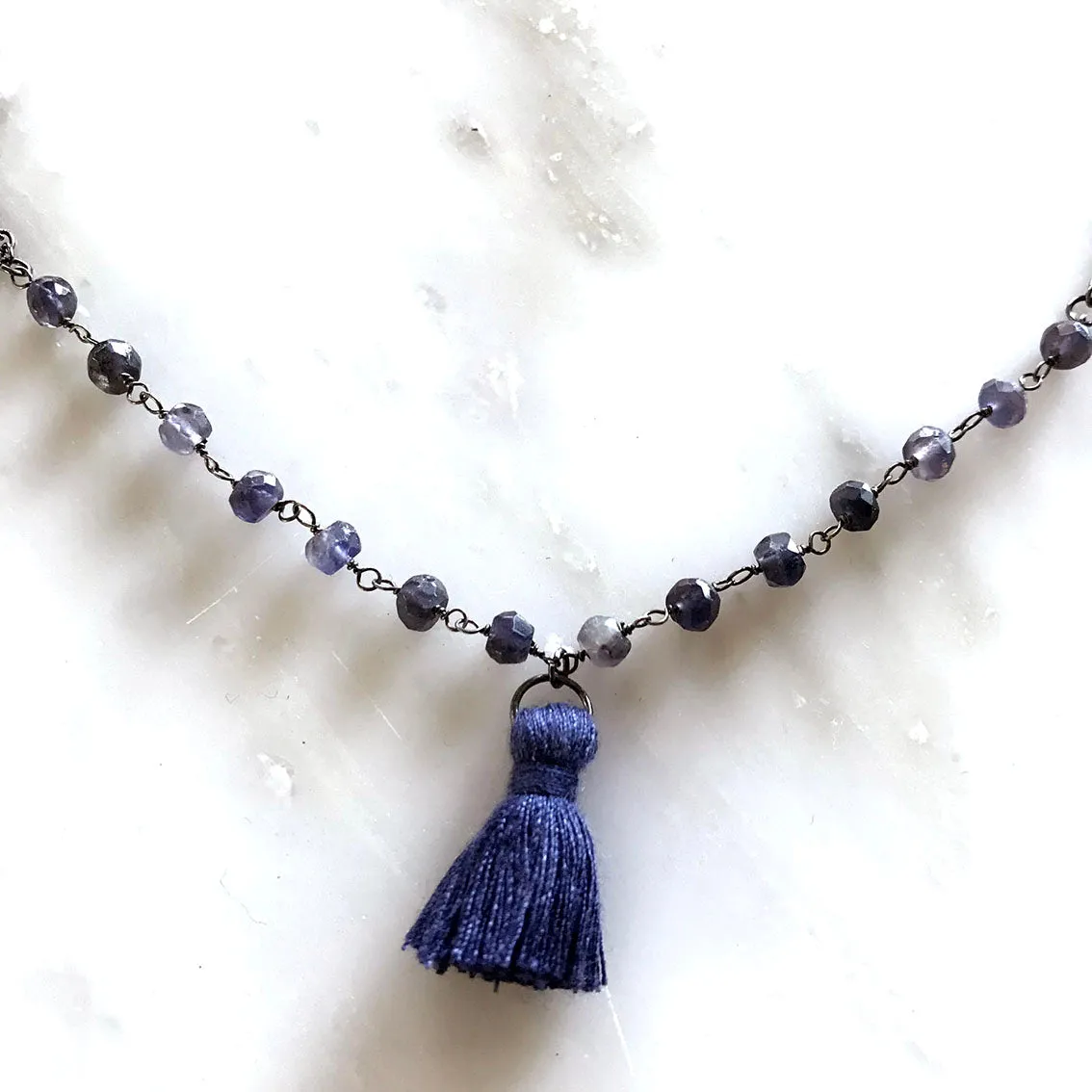 Blue Iolite Choker Necklace with Mini Tassel