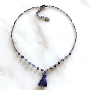 Blue Iolite Choker Necklace with Mini Tassel