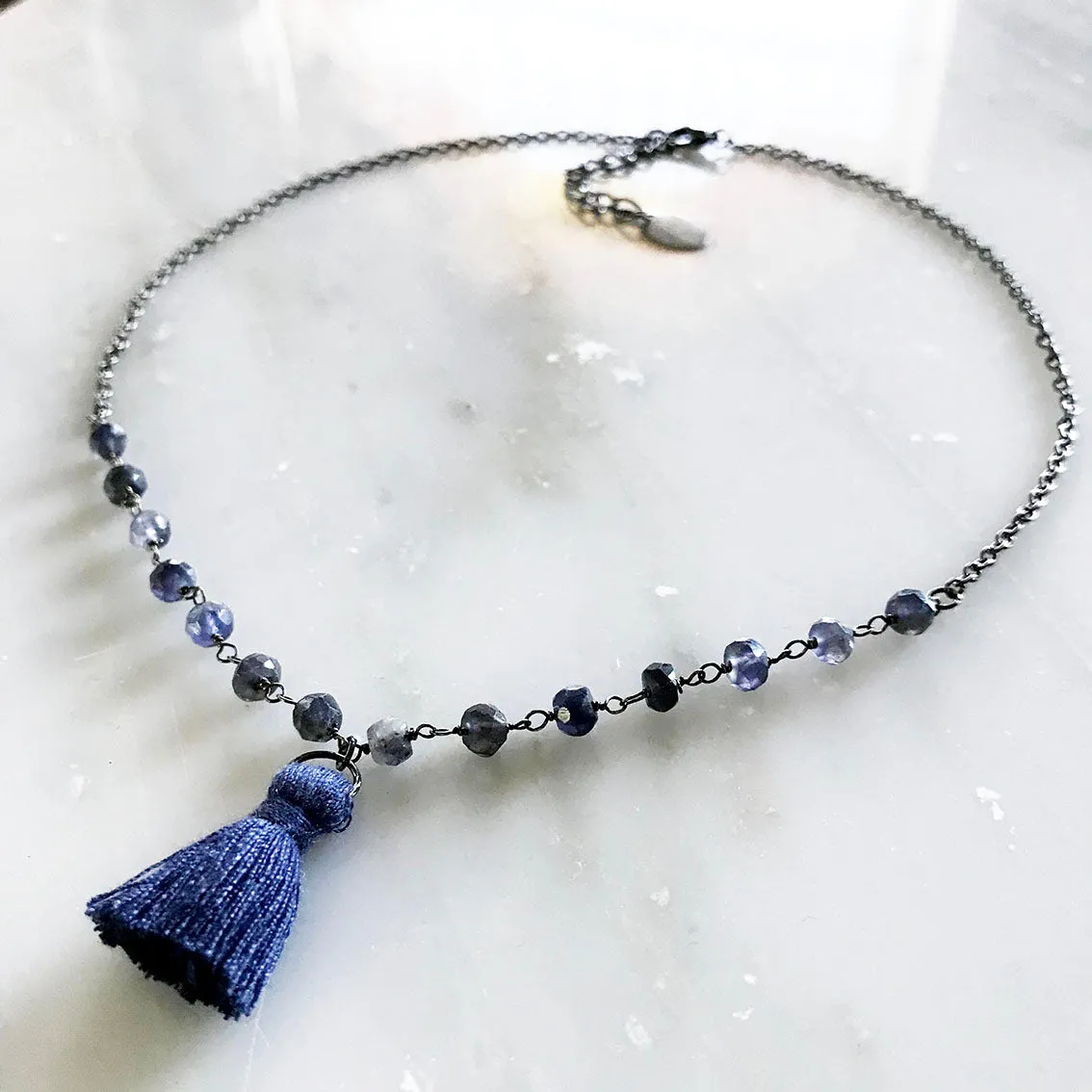 Blue Iolite Choker Necklace with Mini Tassel
