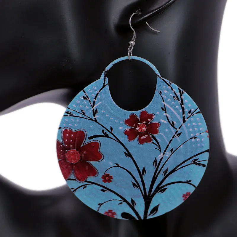 Blue Large Floral Pattern Metal Earrings