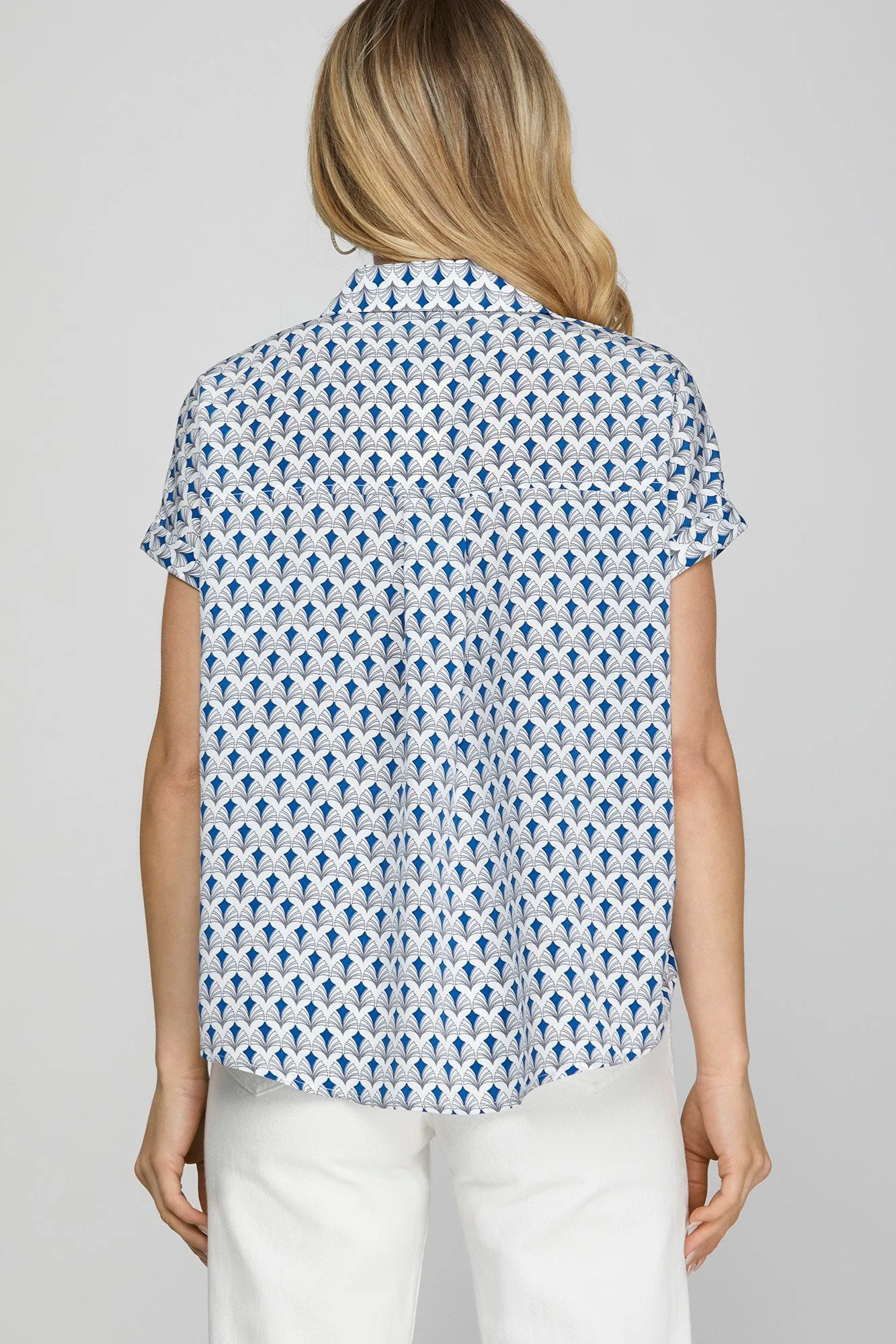 Blue Printed Johnny Collar Short Sleeve Blouse