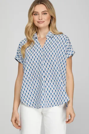 Blue Printed Johnny Collar Short Sleeve Blouse