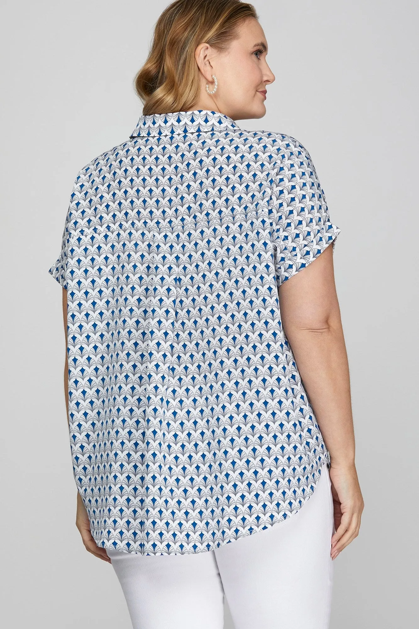 Blue Printed Johnny Collar Short Sleeve Blouse