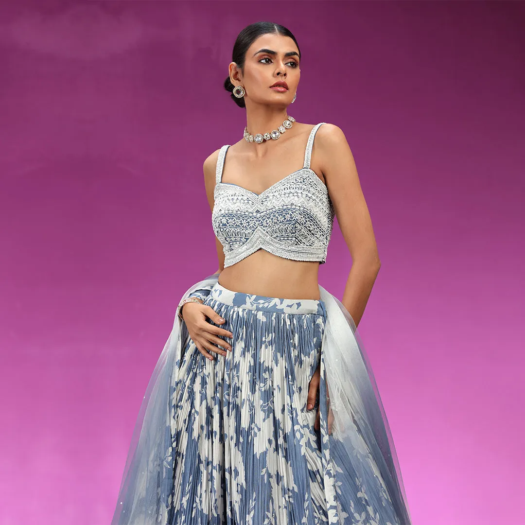 Blue Printed Lehenga Paired with Thread Work Bustier