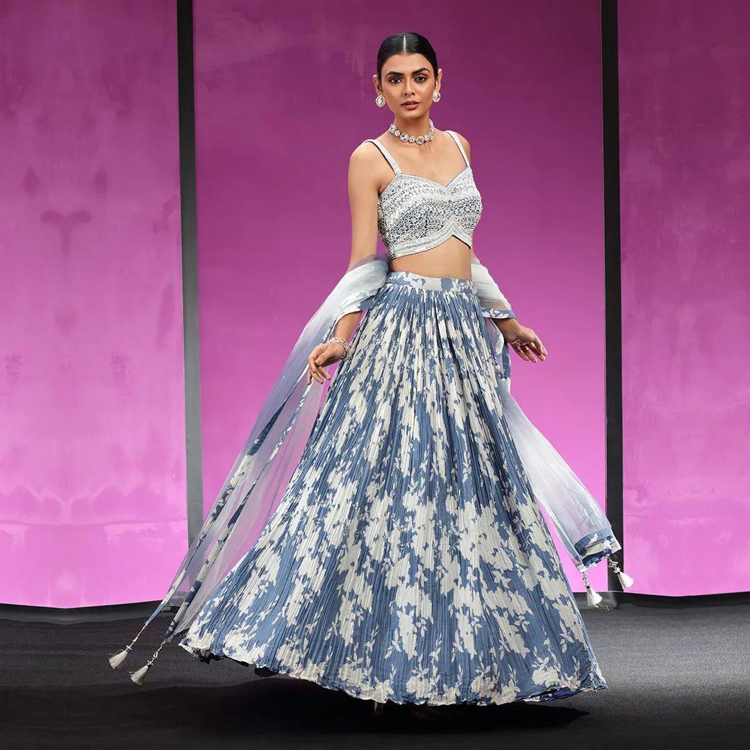 Blue Printed Lehenga Paired with Thread Work Bustier