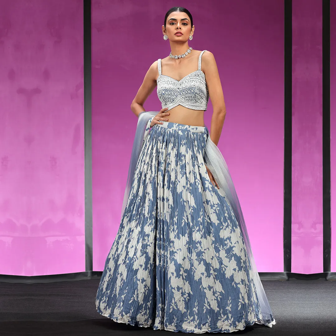 Blue Printed Lehenga Paired with Thread Work Bustier