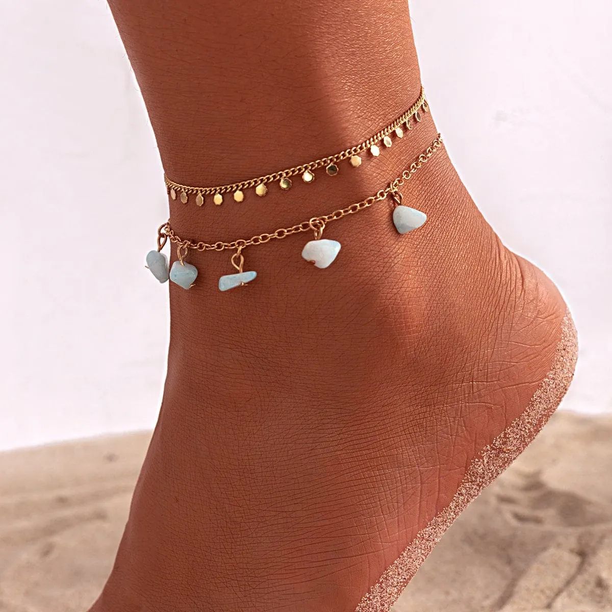 Bohemia 2 Pieces Natural Turquoise Stone Tassel Anklet Set