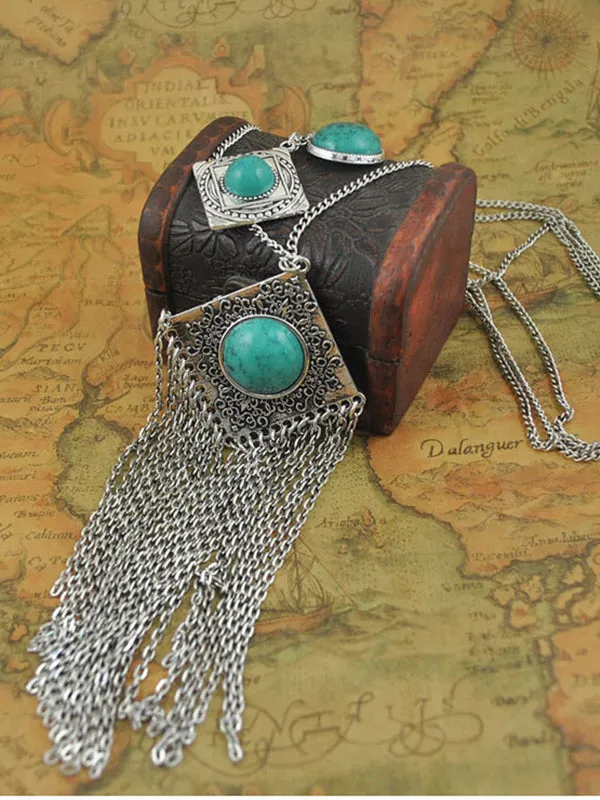 Bohemian Tassel Carved Gemstone Multi-layer Necklace